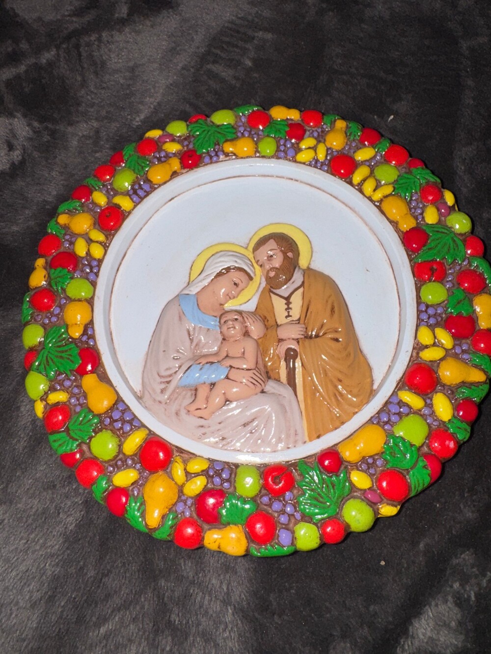 Nativity Plate Ceramic Fruit Border 1981 Hand-Painted Christmas Decoration